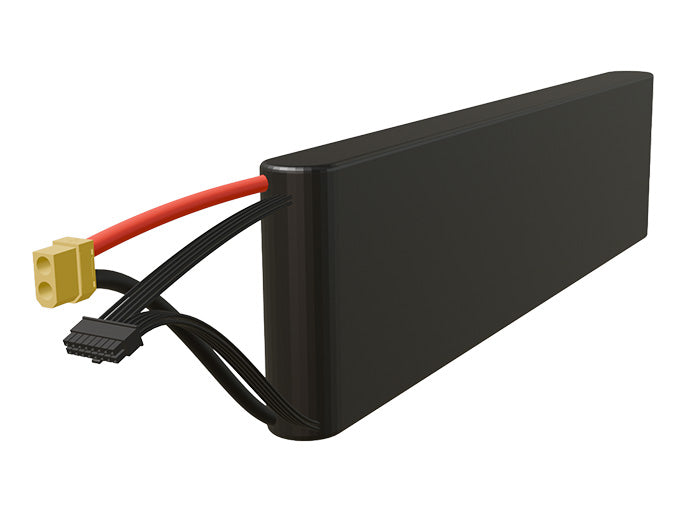 Side-angle render of a 54-volt 4500mAh lithium-ion battery, assembled in the USA for compact UAV, drone, and military robotics platforms.