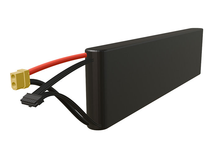 Side-angle render of a 54-volt 5000mAh lithium-ion battery, assembled in the USA for compact UAV, drone, and military robotics platforms.