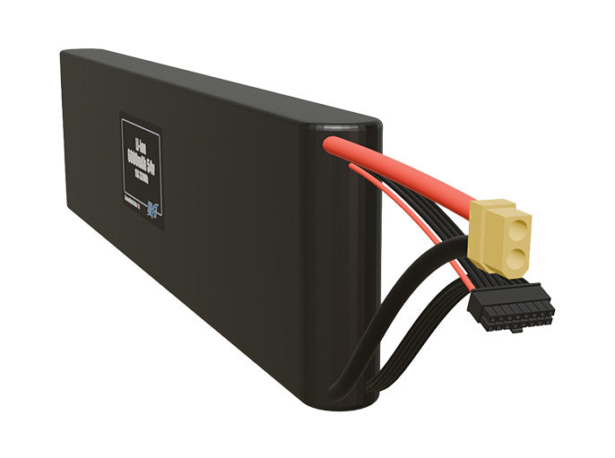 Side-angle render of a 54-volt 6000mAh lithium-ion battery, assembled in the USA for compact UAV, drone, and military robotics platforms.