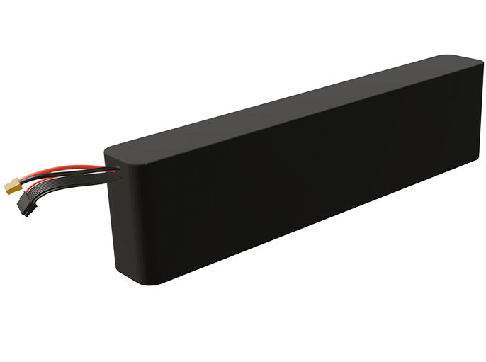 Side-angle render of a 54-volt 9000mAh lithium-ion battery, assembled in the USA for compact UAV, drone, and military robotics platforms.