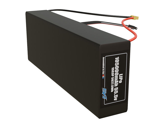Side-angle render of a 55.5-volt 105000mAh lithium-polymer battery, assembled in the USA for compact UAV, drone, and military robotics platforms.