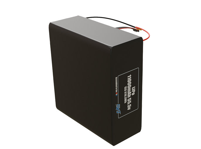 Side-angle render of a 55.5-volt 11000mAh lithium-polymer battery, assembled in the USA for compact UAV, drone, and military robotics platforms.