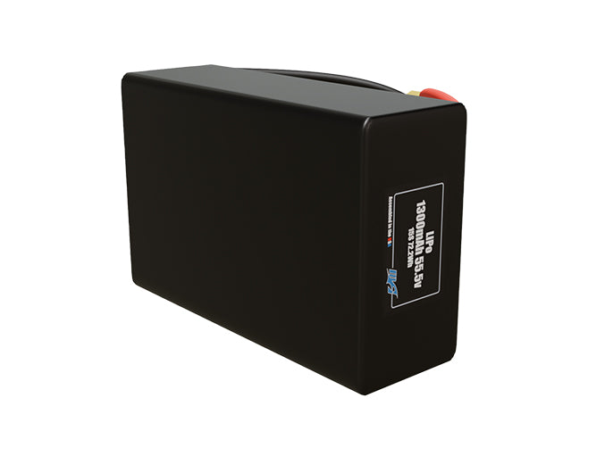 Side-angle render of a 55.5-volt 1300mAh lithium-polymer battery, assembled in the USA for compact UAV, drone, and military robotics platforms.