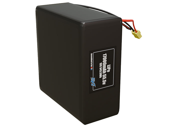 Side-angle render of a 55.5-volt 17000mAh lithium-polymer battery, assembled in the USA for compact UAV, drone, and military robotics platforms.