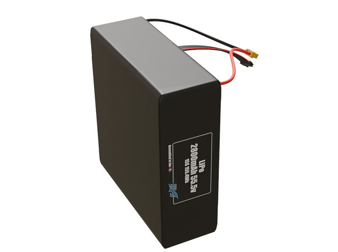 Side-angle render of a 55.5-volt 2800mAh lithium-polymer battery, assembled in the USA for compact UAV, drone, and military robotics platforms.