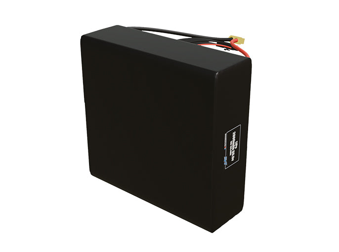 Side-angle render of a 55.5-volt 2800mAh lithium-polymer battery, assembled in the USA for compact UAV, drone, and military robotics platforms.