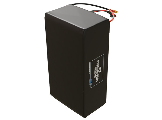 Side-angle render of a 55.5-volt 3250mAh lithium-polymer battery, assembled in the USA for compact UAV, drone, and military robotics platforms.