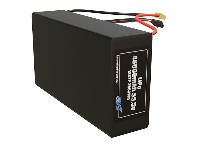 Side-angle render of a 55.5-volt 46000mAh lithium-polymer battery, assembled in the USA for compact UAV, drone, and military robotics platforms.