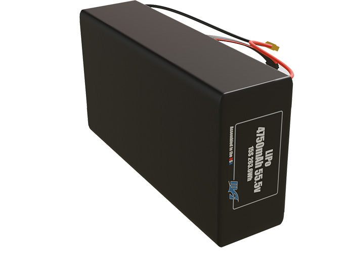 Side-angle render of a 55.5-volt 4750mAh lithium-polymer battery, assembled in the USA for compact UAV, drone, and military robotics platforms.