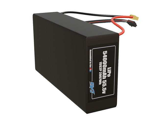 Side-angle render of a 55.5-volt 54000mAh lithium-polymer battery, assembled in the USA for compact UAV, drone, and military robotics platforms.