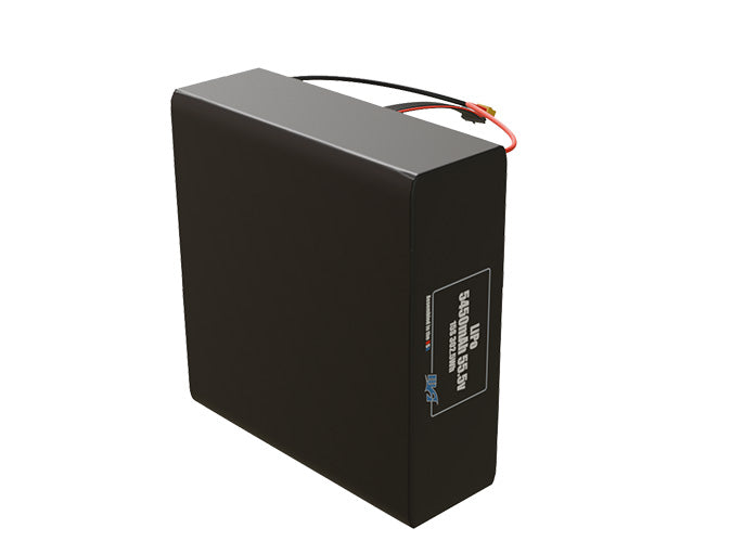 Side-angle render of a 55.5-volt 5450mAh lithium-polymer battery, assembled in the USA for compact UAV, drone, and military robotics platforms.