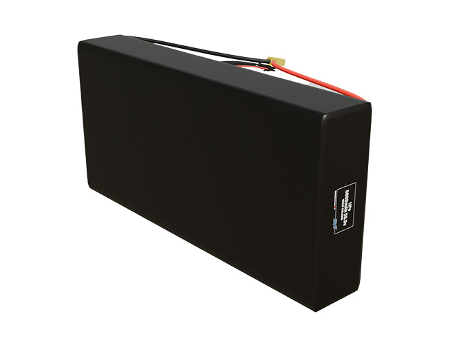 Side-angle render of a 55.5-volt 5600mAh lithium-polymer battery, assembled in the USA for compact UAV, drone, and military robotics platforms.