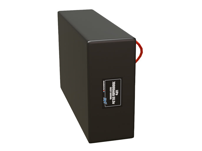 Side-angle render of a 55.5-volt 70000mAh lithium-polymer battery, assembled in the USA for compact UAV, drone, and military robotics platforms.