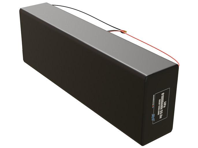Side-angle render of a 55.5-volt 81000mAh lithium-polymer battery, assembled in the USA for compact UAV, drone, and military robotics platforms.