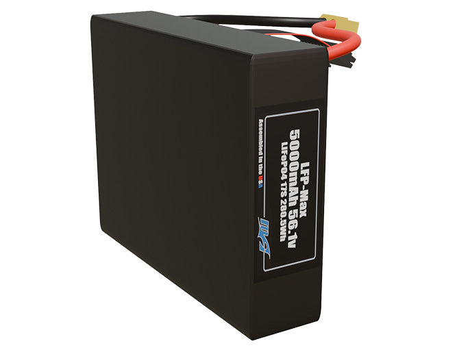 Side-angle render of a 56.1-volt 5000mAh lithium-iron-phosphate battery, assembled in the USA for compact UAV, drone, and military robotics platforms.