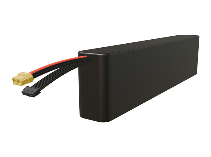 Side-angle render of a 57.6-volt 12000mAh lithium-ion battery, assembled in the USA for compact UAV, drone, and military robotics platforms.