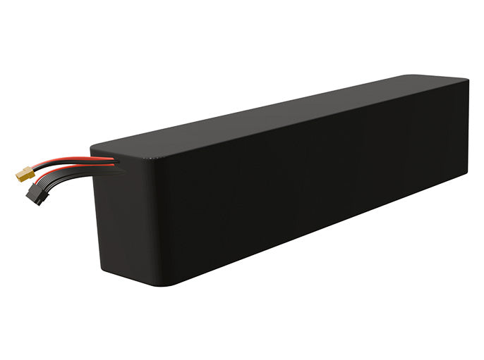Side-angle render of a 57.6-volt 13500mAh lithium-ion battery, assembled in the USA for compact UAV, drone, and military robotics platforms.