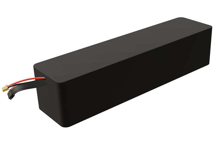 Side-angle render of a 57.6-volt 14000mAh lithium-ion battery, assembled in the USA for compact UAV, drone, and military robotics platforms.