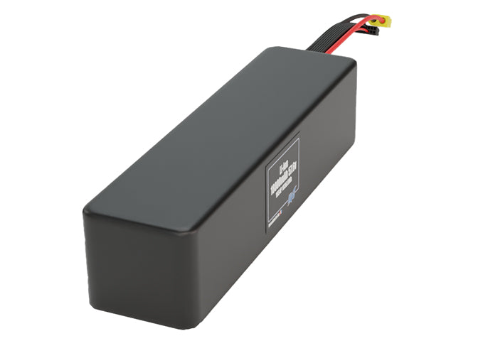 Side-angle render of a 57.6-volt 18000mAh lithium-ion battery, assembled in the USA for compact UAV, drone, and military robotics platforms.