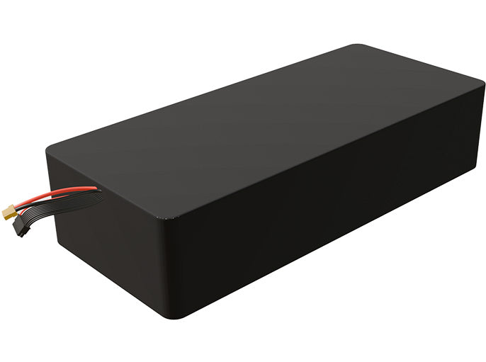 Side-angle render of a 57.6-volt 35000mAh lithium-ion battery, assembled in the USA for compact UAV, drone, and military robotics platforms.