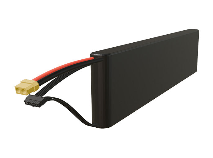 Side-angle render of a 57.6-volt 3500mAh lithium-ion battery, assembled in the USA for compact UAV, drone, and military robotics platforms.