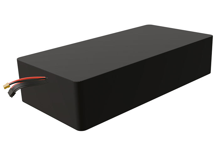 Side-angle render of a 57.6-volt 40000mAh lithium-ion battery, assembled in the USA for compact UAV, drone, and military robotics platforms.