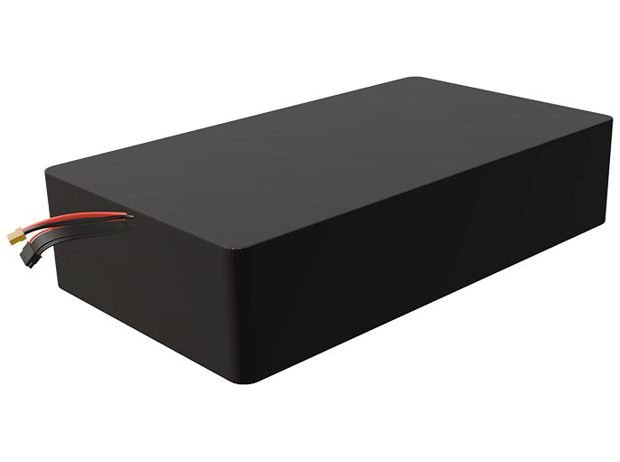 Side-angle render of a 57.6-volt 45000mAh lithium-ion battery, assembled in the USA for compact UAV, drone, and military robotics platforms.