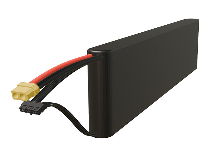 Side-angle render of a 57.6-volt 4500mAh lithium-ion battery, assembled in the USA for compact UAV, drone, and military robotics platforms.
