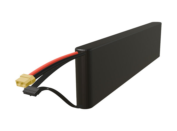 Side-angle render of a 57.6-volt 5000mAh lithium-ion battery, assembled in the USA for compact UAV, drone, and military robotics platforms.