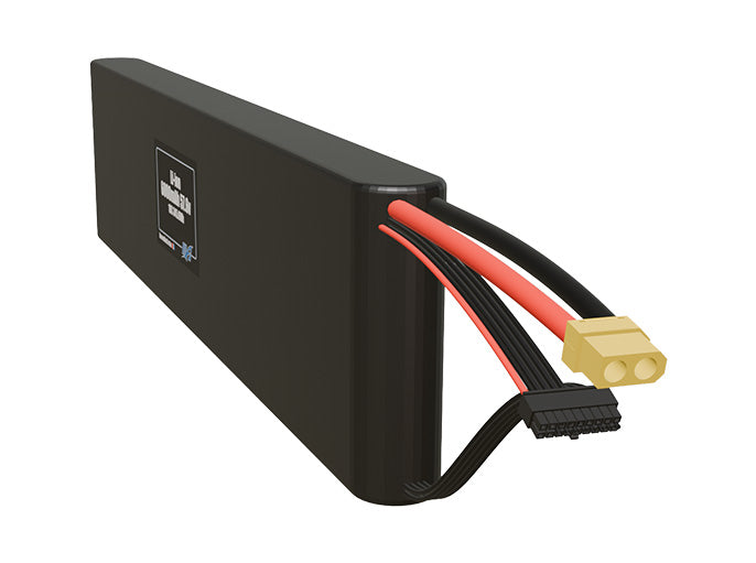 Side-angle render of a 57.6-volt 6000mAh lithium-ion battery, assembled in the USA for compact UAV, drone, and military robotics platforms.