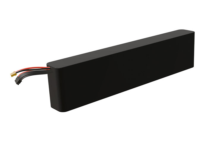 Side-angle render of a 57.6-volt 9000mAh lithium-ion battery, assembled in the USA for compact UAV, drone, and military robotics platforms.