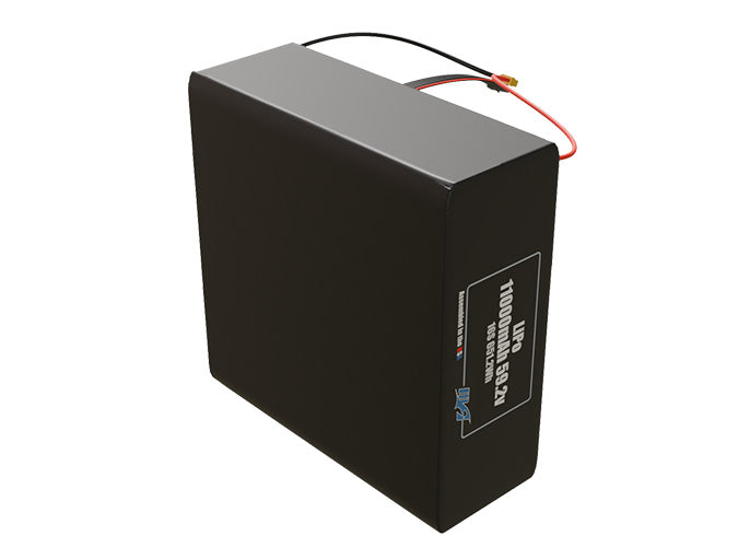 Side-angle render of a 59.2-volt 11000mAh lithium-polymer battery, assembled in the USA for compact UAV, drone, and military robotics platforms.