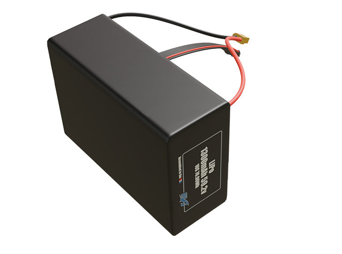 Side-angle render of a 59.2-volt 1300mAh lithium-polymer battery, assembled in the USA for compact UAV, drone, and military robotics platforms.