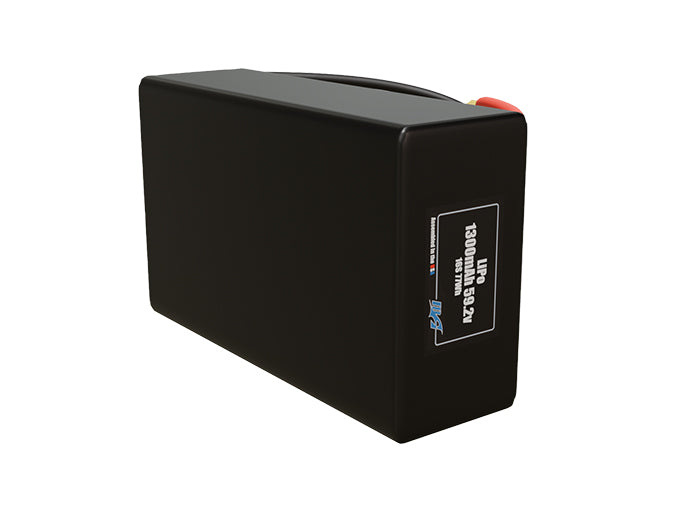 Side-angle render of a 59.2-volt 1300mAh lithium-polymer battery, assembled in the USA for compact UAV, drone, and military robotics platforms.