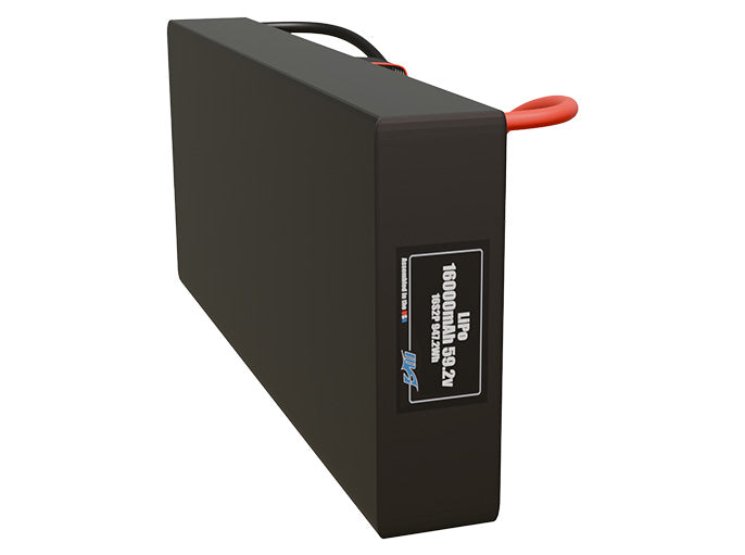 Side-angle render of a 59.2-volt 16000mAh lithium-polymer battery, assembled in the USA for compact UAV, drone, and military robotics platforms.