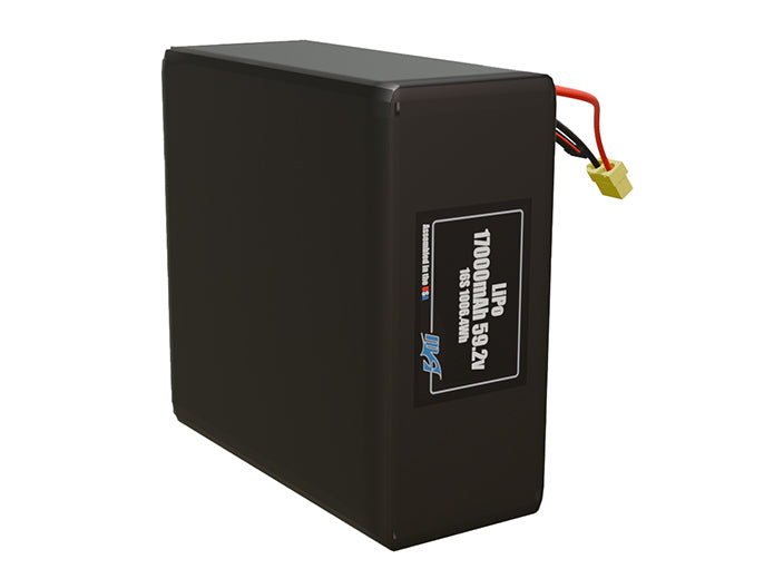 Side-angle render of a 59.2-volt 17000mAh lithium-polymer battery, assembled in the USA for compact UAV, drone, and military robotics platforms.