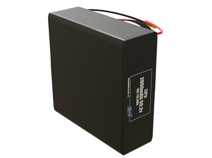 Side-angle render of a 59.2-volt 2800mAh lithium-polymer battery, assembled in the USA for compact UAV, drone, and military robotics platforms.