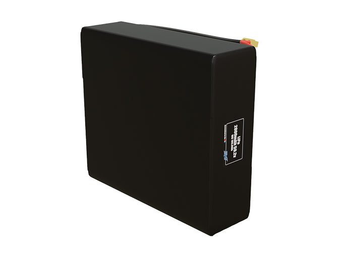 Side-angle render of a 59.2-volt 2800mAh lithium-polymer battery, assembled in the USA for compact UAV, drone, and military robotics platforms.