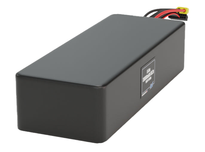 Side-angle render of a 59.2-volt 30000mAh lithium-ion battery, assembled in the USA for compact UAV, drone, and military robotics platforms.