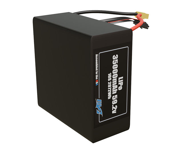 Side-angle render of a 59.2-volt 35000mAh lithium-polymer battery, assembled in the USA for compact UAV, drone, and military robotics platforms.