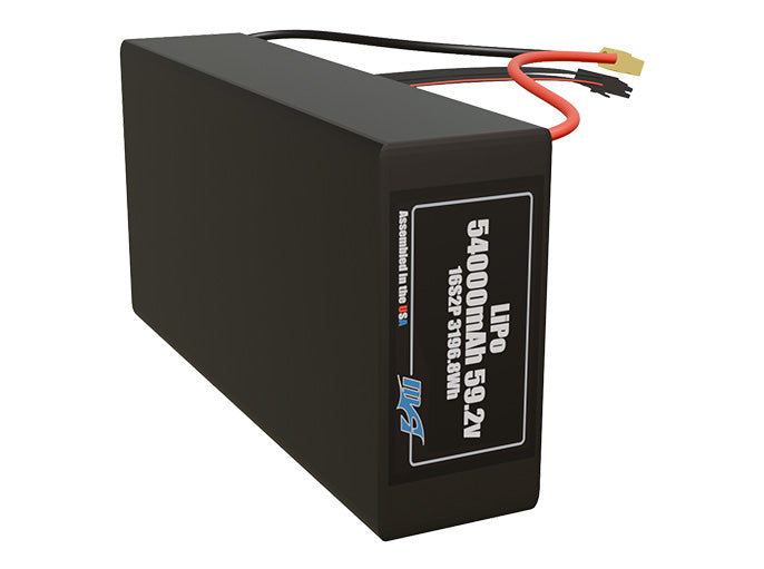 Side-angle render of a 59.2-volt 54000mAh lithium-polymer battery, assembled in the USA for compact UAV, drone, and military robotics platforms.