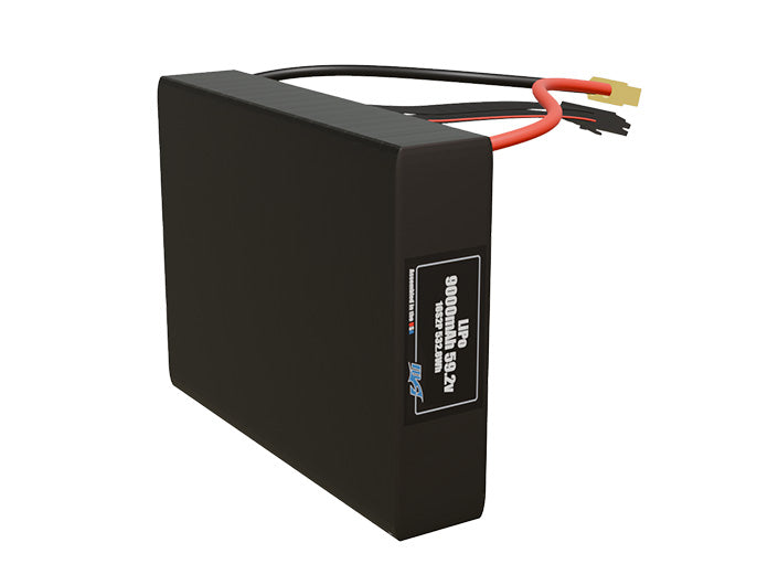 Side-angle render of a 59.2-volt 9000mAh lithium-polymer battery, assembled in the USA for compact UAV, drone, and military robotics platforms.