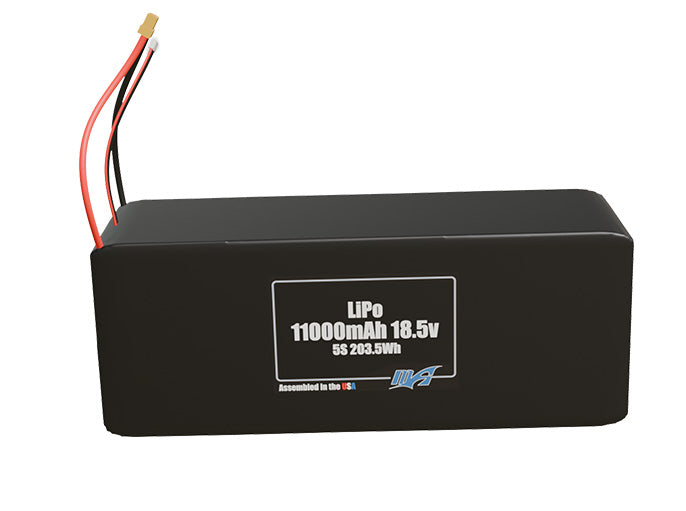 Front-facing render of the 18.5V 11000mAh 5S LiPo battery, assembled in the USA by maxamps, for drone and robotics applications.
