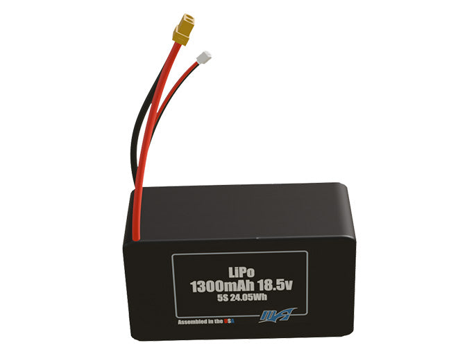 Front-facing render of the 18.5V 1300mAh 5S LiPo battery, assembled in the USA by maxamps, for drone and robotics applications.