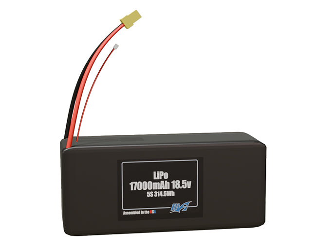 Front-facing render of the 18.5V 17000mAh 5S LiPo battery, assembled in the USA by maxamps, for drone and robotics applications.