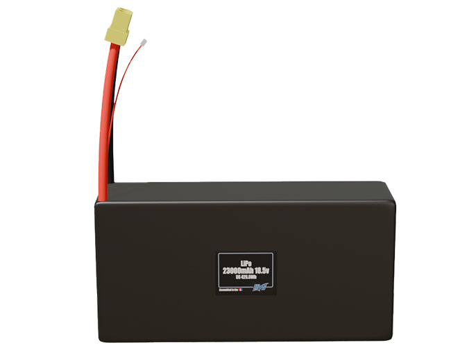 Front-facing render of the 18.5V 23000mAh 5S LiPo battery, assembled in the USA by maxamps, for drone and robotics applications.