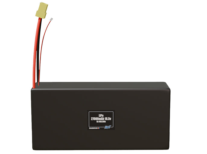Front-facing render of the 18.5V 27000mAh 5S LiPo battery, assembled in the USA by maxamps, for drone and robotics applications.