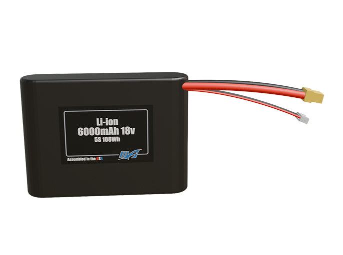 Front-facing render of the 18V 6000mAh 5S Li-ion battery, assembled in the USA by maxamps, for drone and robotics applications.