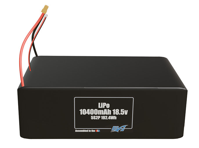 Front-facing render of the 18.5V 10400mAh 5S2P LiPo battery, assembled in the USA by maxamps, for drone and robotics applications.