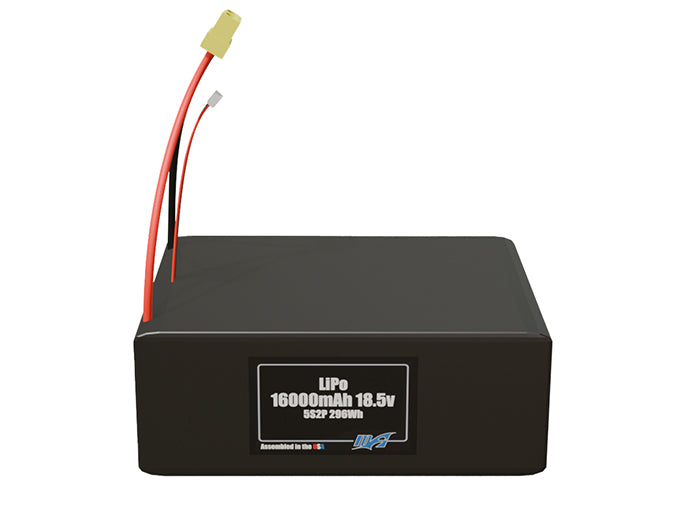 Front-facing render of the 18.5V 16000mAh 5S2P LiPo battery, assembled in the USA by maxamps, for drone and robotics applications.